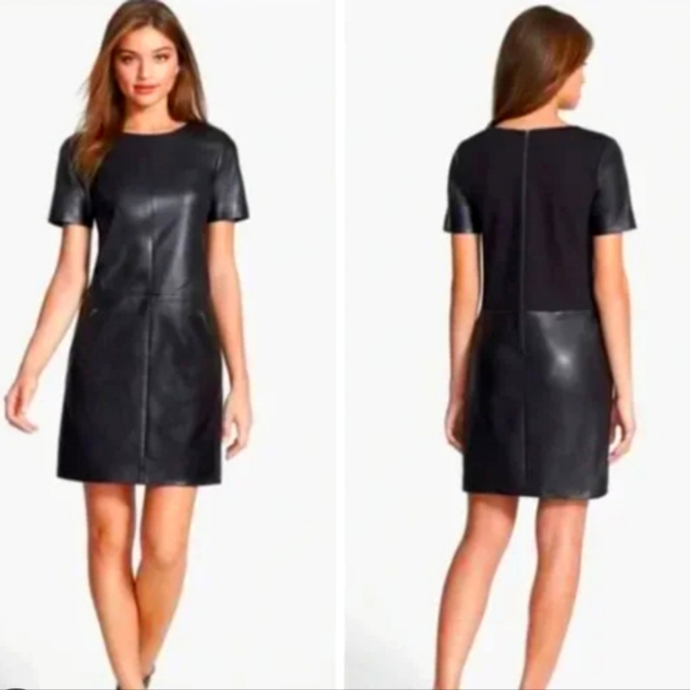 Halogen Black Genuine Leather Ponte Knit Shift Dress Size M